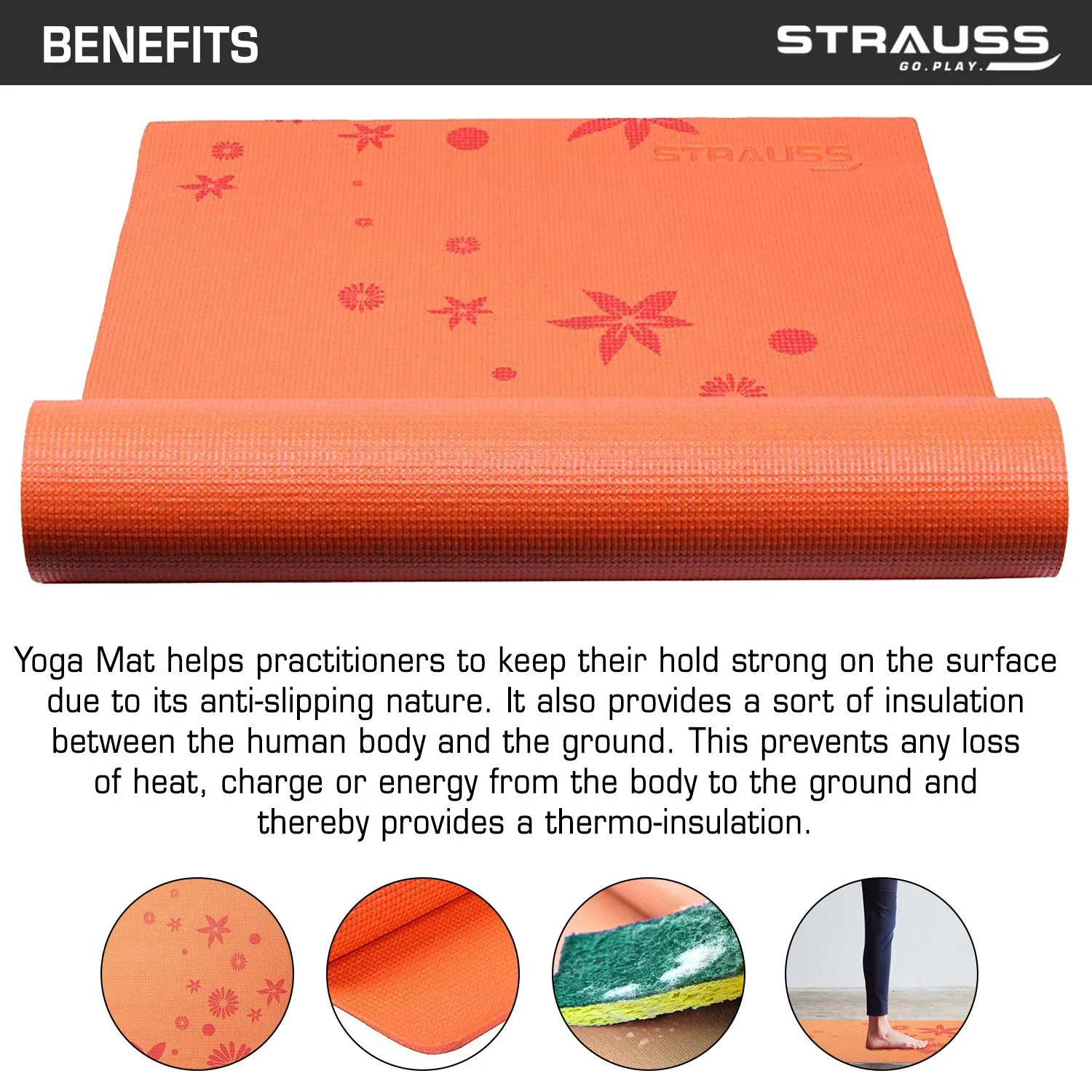 Strauss Yoga Mat Floral, 6 mm (Orange)