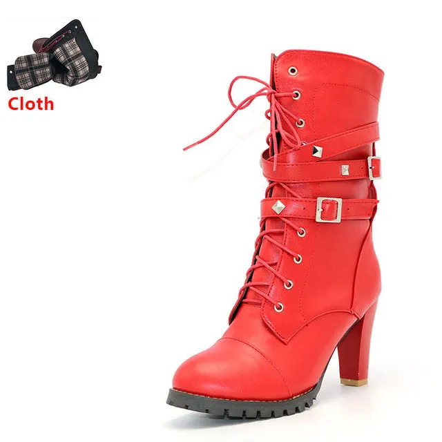 TAOFFEN Ladies shoes Women boots High heels Platform Buckle Zipper Rivets Sapatos femininos Lace up Leather boots Size 34-43