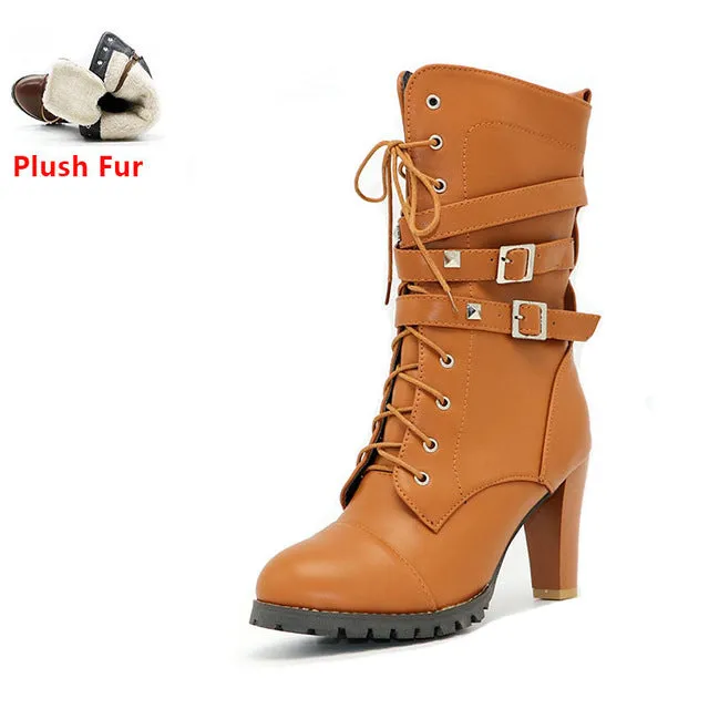 TAOFFEN Ladies shoes Women boots High heels Platform Buckle Zipper Rivets Sapatos femininos Lace up Leather boots Size 34-43