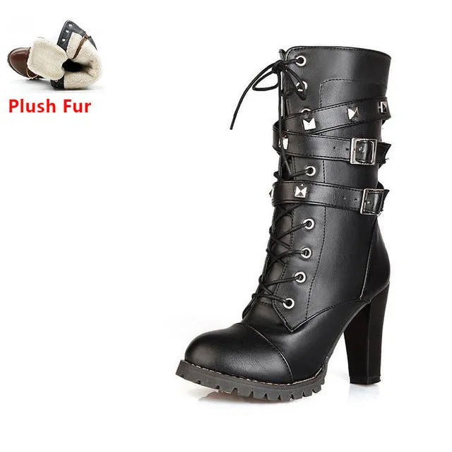 TAOFFEN Ladies shoes Women boots High heels Platform Buckle Zipper Rivets Sapatos femininos Lace up Leather boots Size 34-43