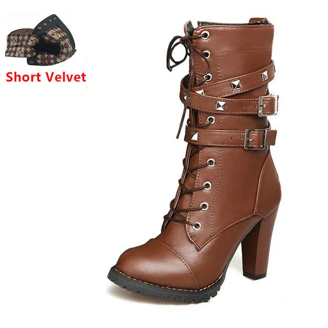 TAOFFEN Ladies shoes Women boots High heels Platform Buckle Zipper Rivets Sapatos femininos Lace up Leather boots Size 34-43