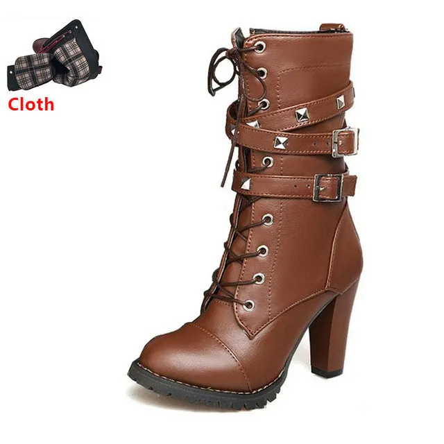 TAOFFEN Ladies shoes Women boots High heels Platform Buckle Zipper Rivets Sapatos femininos Lace up Leather boots Size 34-43