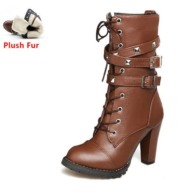 TAOFFEN Ladies shoes Women boots High heels Platform Buckle Zipper Rivets Sapatos femininos Lace up Leather boots Size 34-43