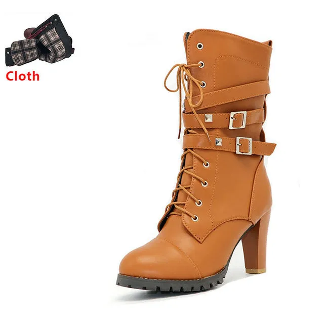 TAOFFEN Ladies shoes Women boots High heels Platform Buckle Zipper Rivets Sapatos femininos Lace up Leather boots Size 34-43