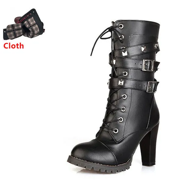 TAOFFEN Ladies shoes Women boots High heels Platform Buckle Zipper Rivets Sapatos femininos Lace up Leather boots Size 34-43