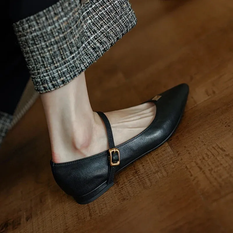 TAVIMART  -  Mary Jane Shoe Pointed Toe Vintage Flats One Strap Women Flats On Low Heel Woman Cow Leather Spring Autumn Simple Shoes