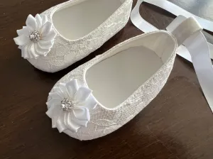 White Baptism Shoes with Flowers and Rhinestones