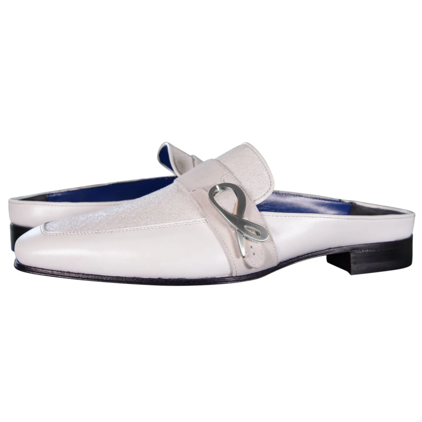 White Diamante With Silver Hardware Leather Slippers