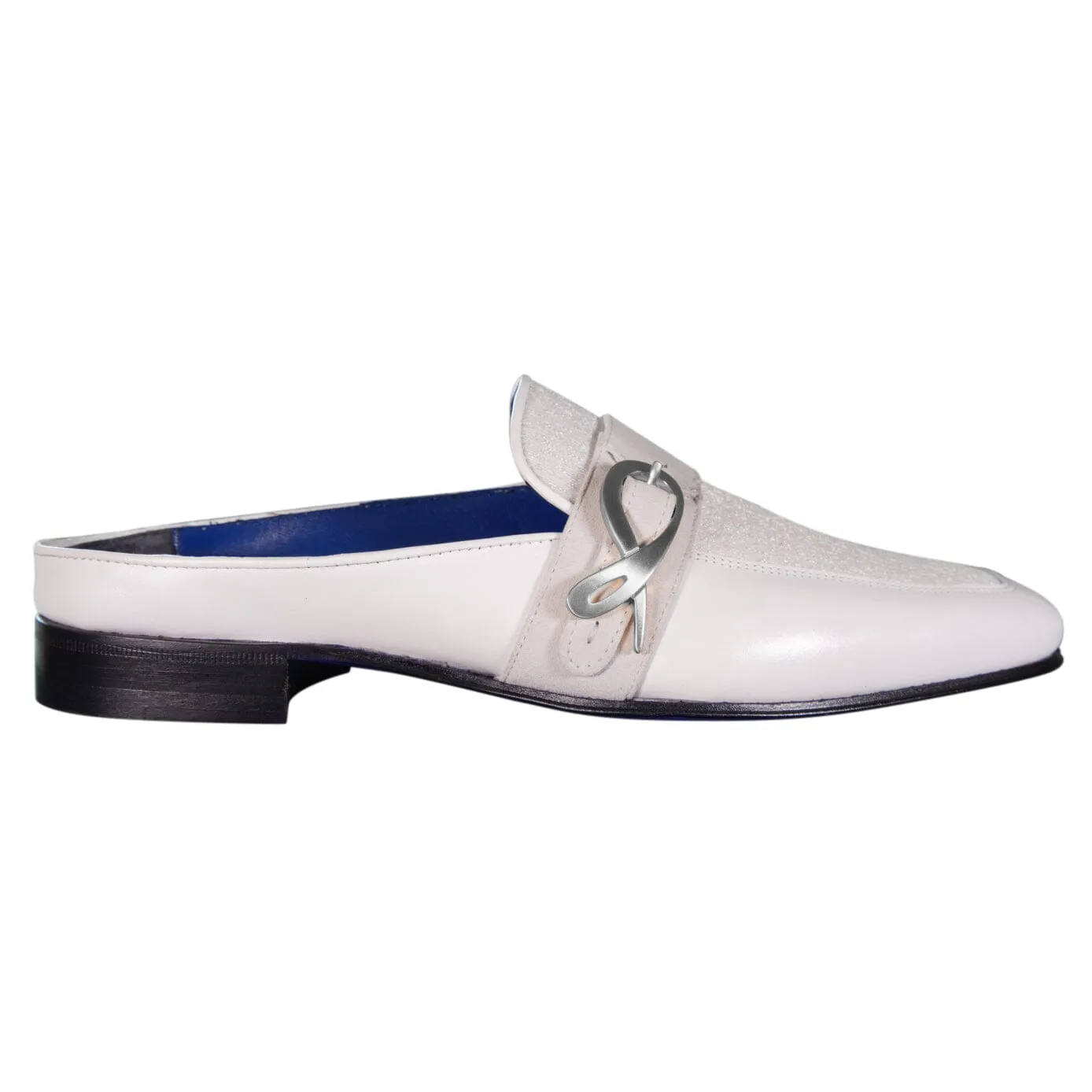 White Diamante With Silver Hardware Leather Slippers