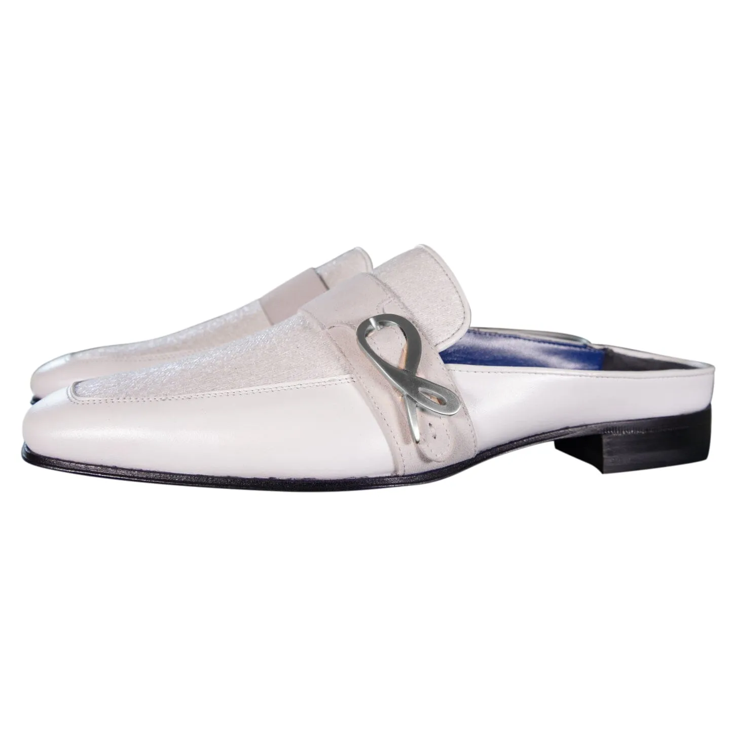 White Diamante With Silver Hardware Leather Slippers