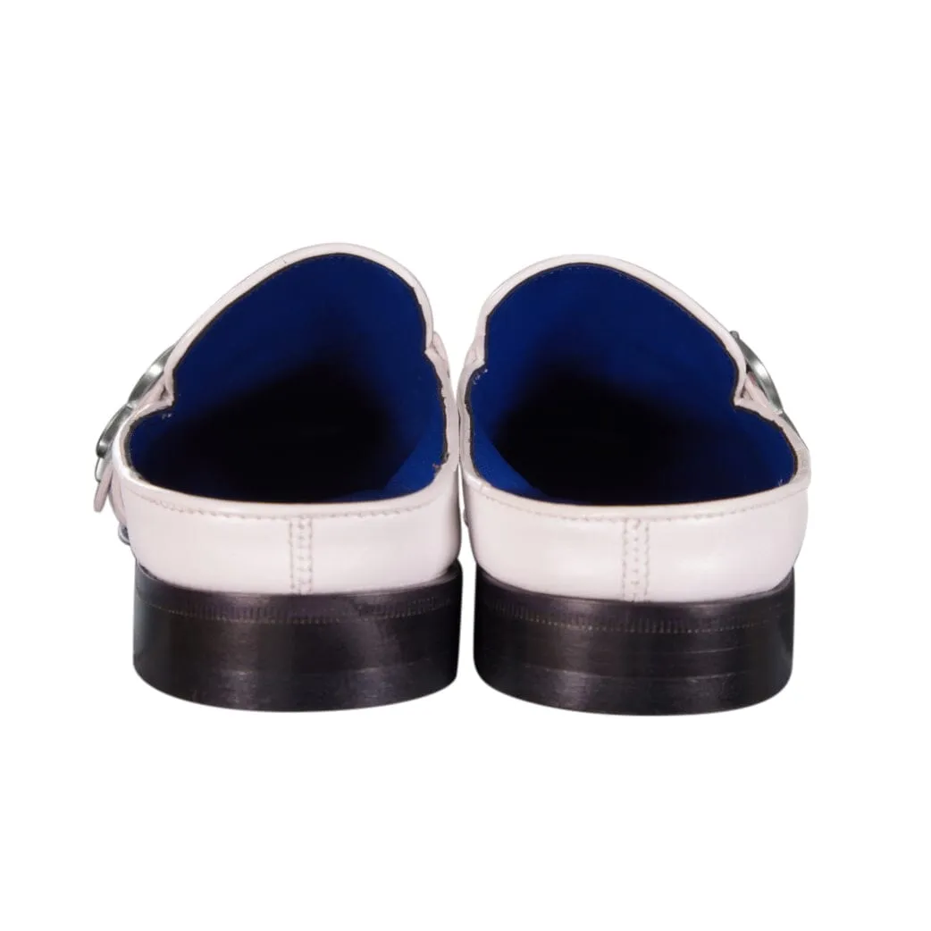 White Diamante With Silver Hardware Leather Slippers