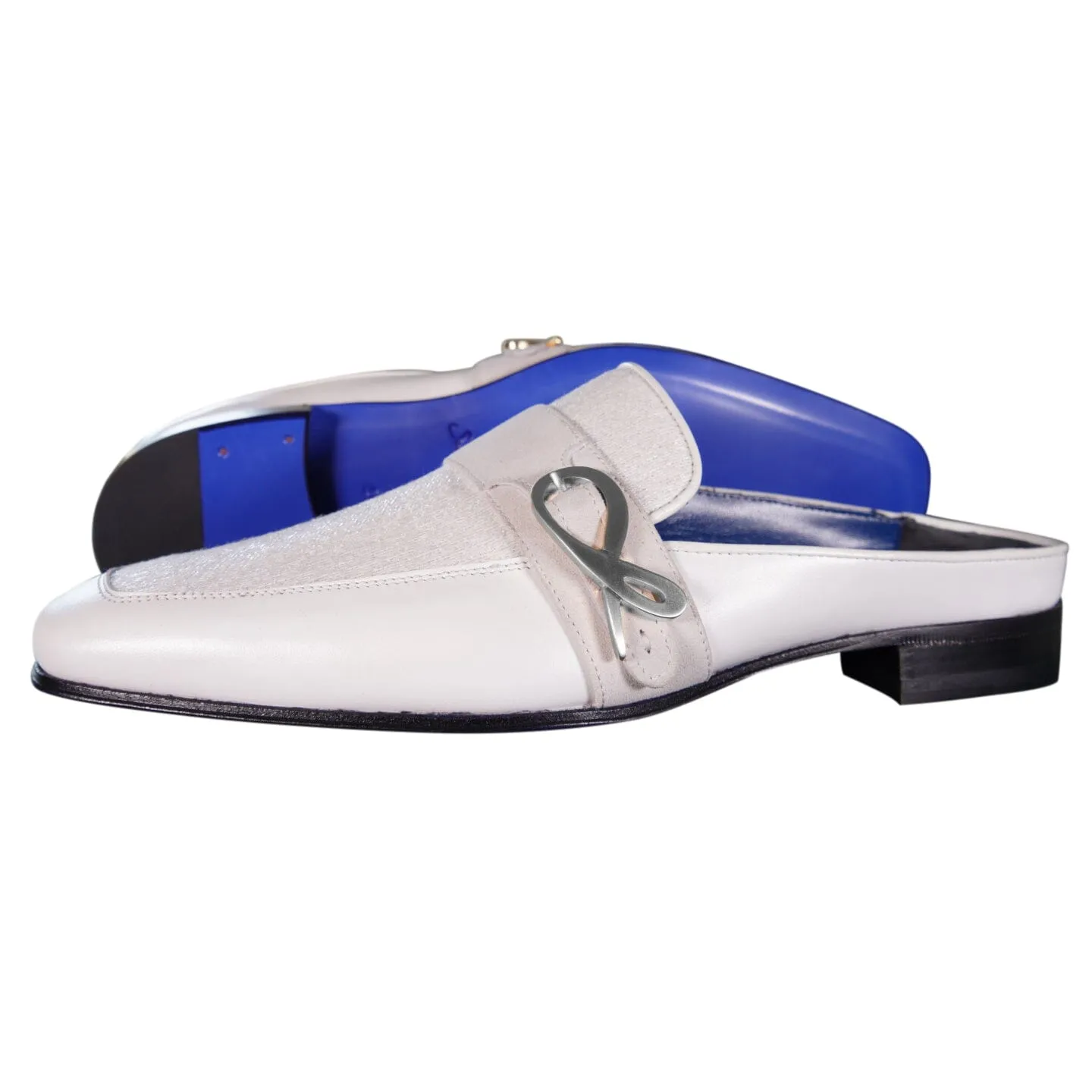 White Diamante With Silver Hardware Leather Slippers