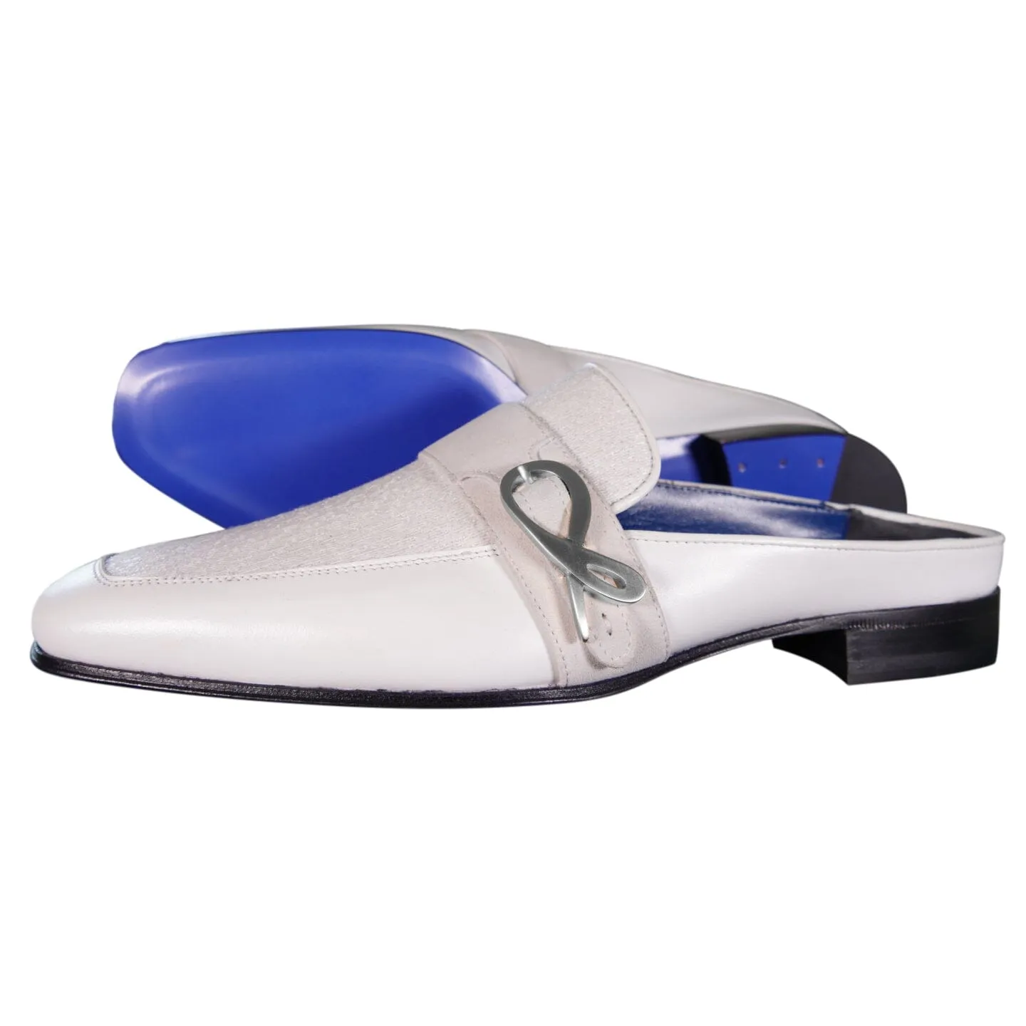 White Diamante With Silver Hardware Leather Slippers