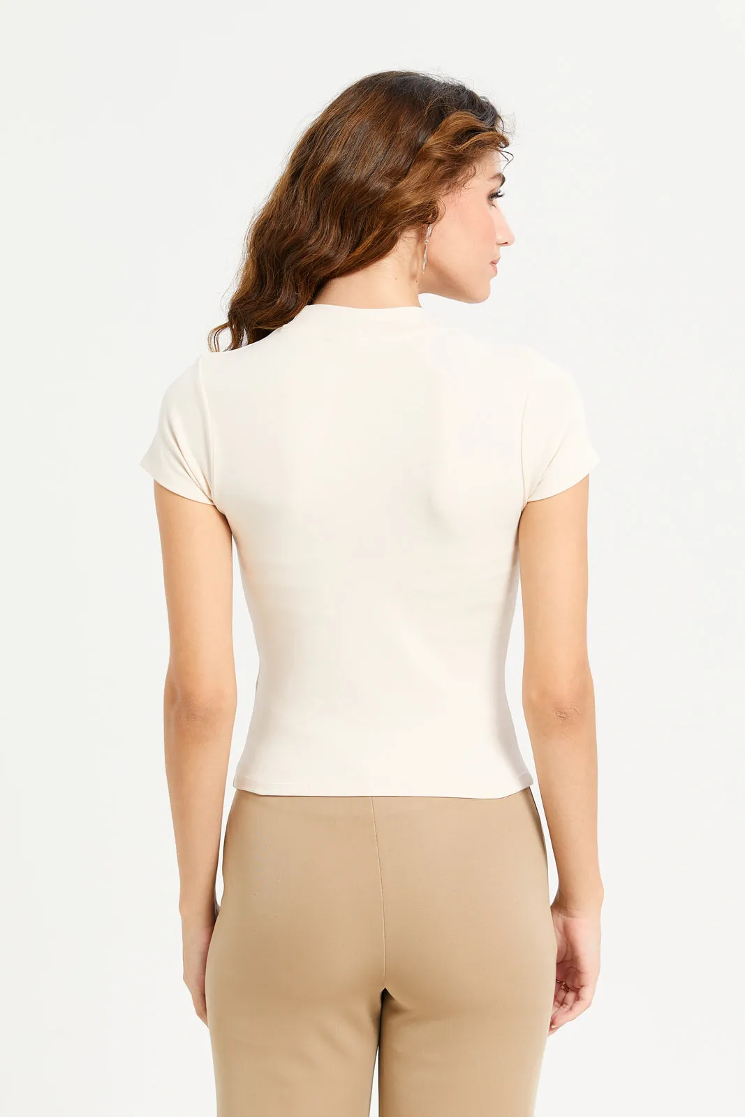 Women Beige Pearl High Neck Top