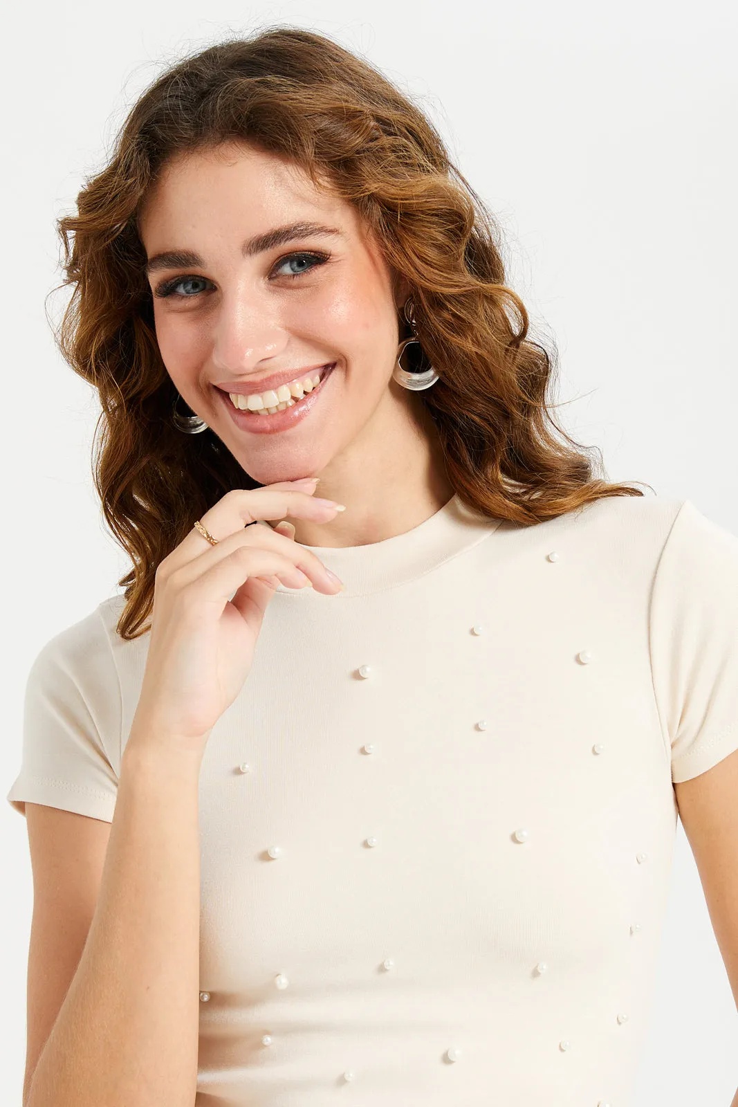 Women Beige Pearl High Neck Top