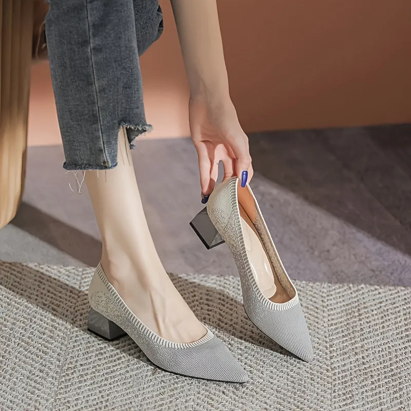 Women's Knit Pointed Toe Pumps Shallow Mouth Chunky Heel Office Shoes