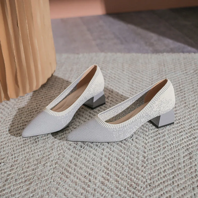 Women's Knit Pointed Toe Pumps Shallow Mouth Chunky Heel Office Shoes