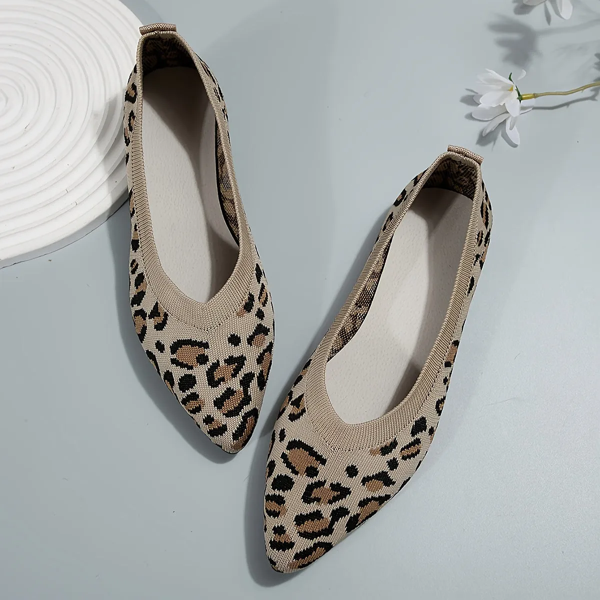 Women's Leopard Print Flat Shoes, Pointed Toe Slip-on Casual Flat Shoes, Women's Lightweight Shoes